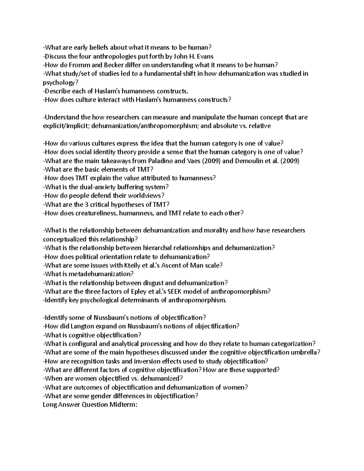 PSYCH 305 Study Guide What are early beliefs about what it means to be