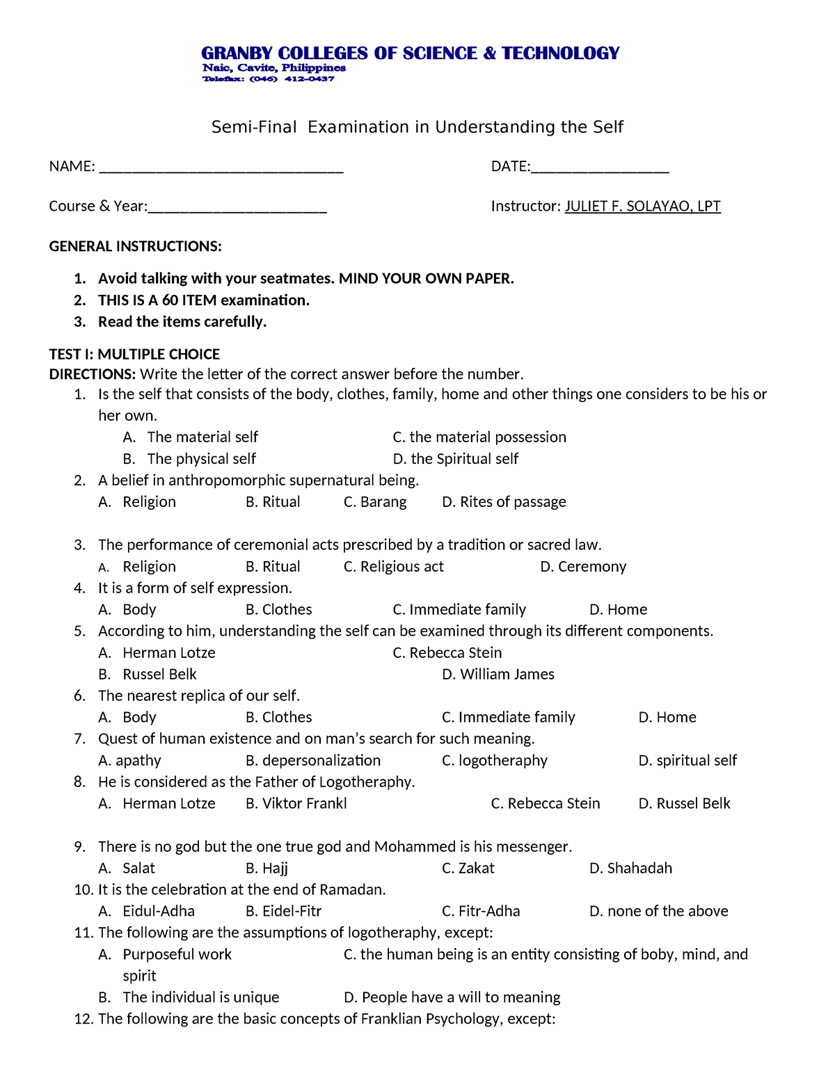 UTS Exam Guide examination SemiFinal Examination in Understanding