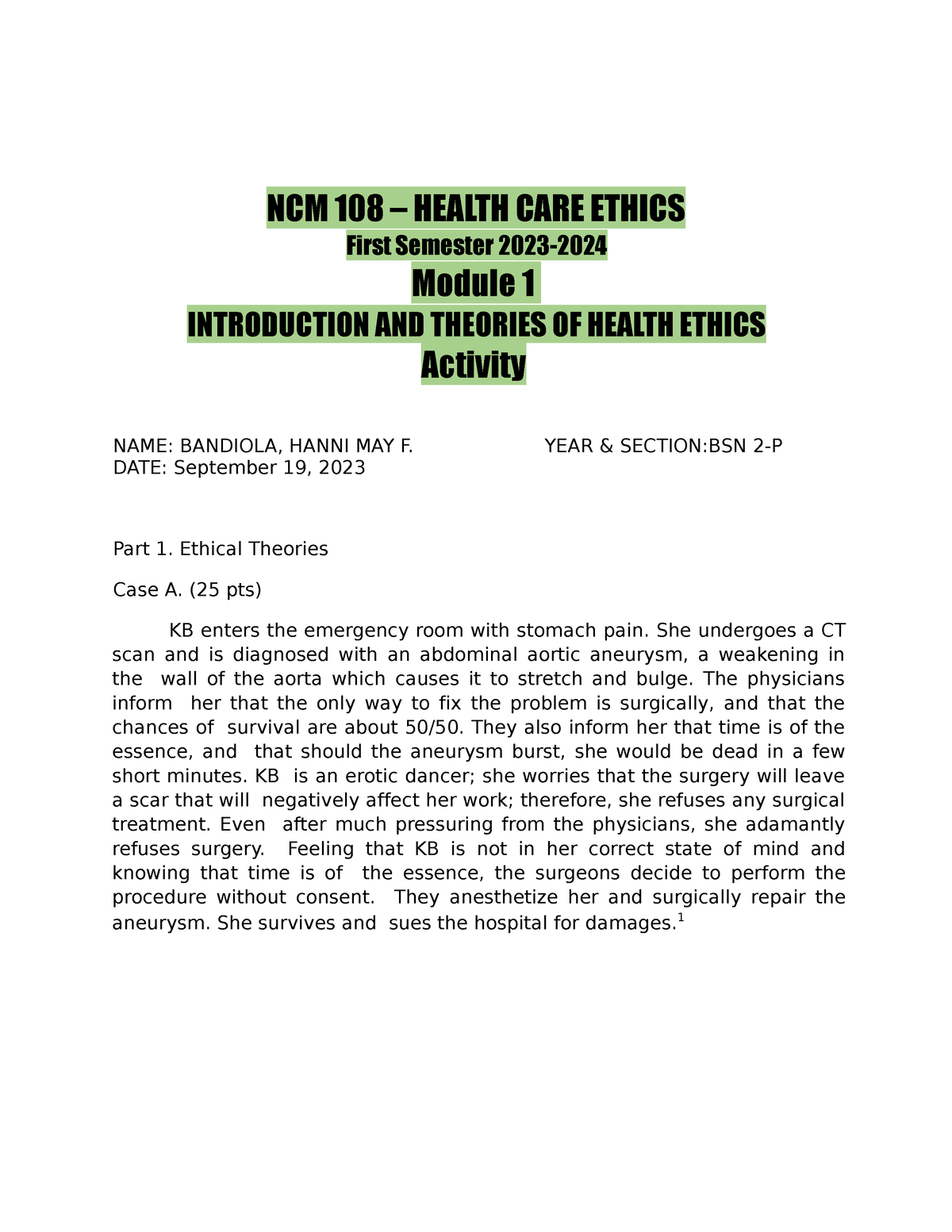 NCM108 Activity - Bandiola - NCM 108 – HEALTH CARE ETHICS First ...