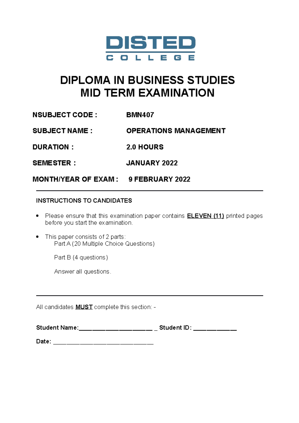 Mid Term Exam - 123 - DIPLOMA IN BUSINESS STUDIES MID TERM EXAMINATION ...