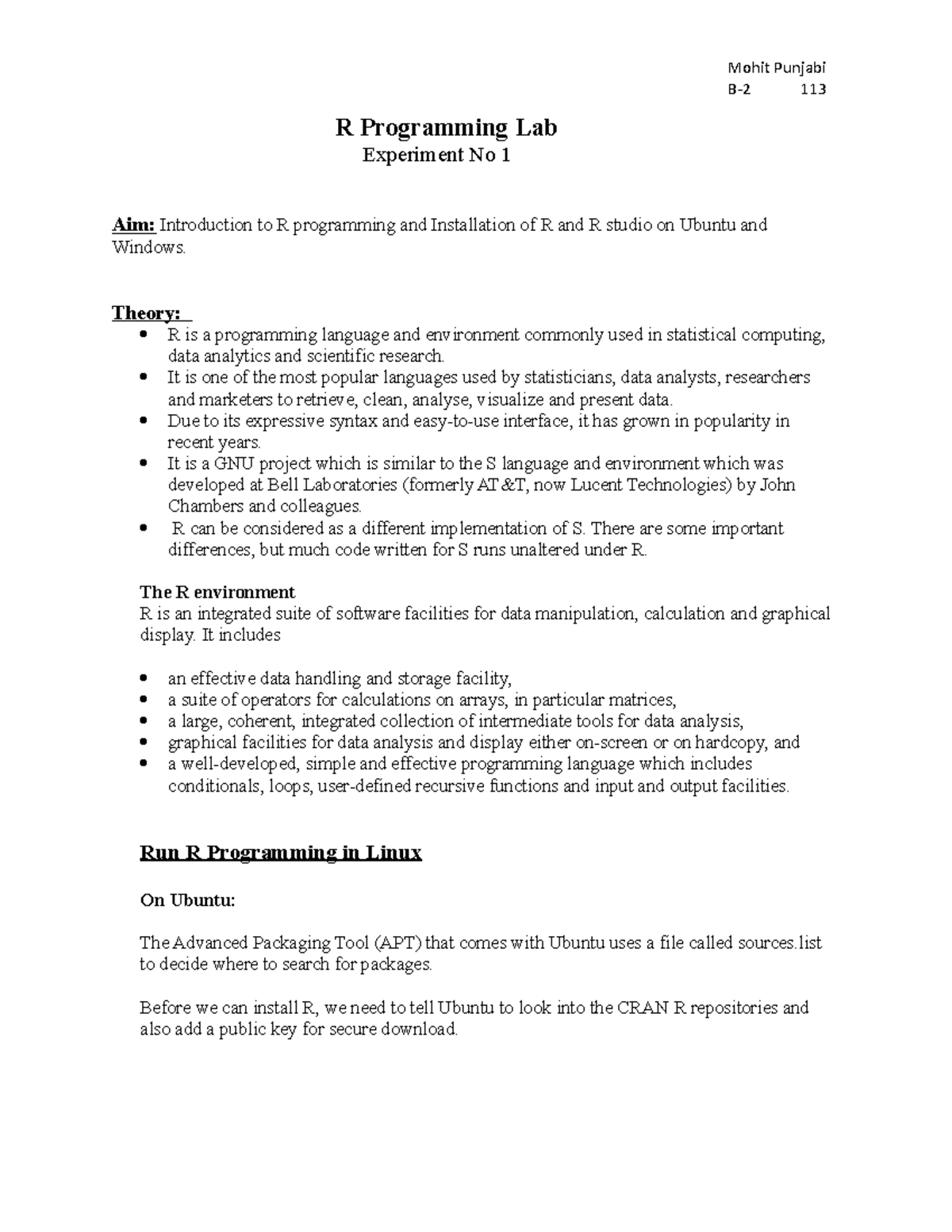 R lab all - Sab - B-2 113 R Programming Lab Experiment No 1 Aim ...
