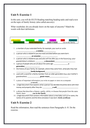 Unit 5 - Reading - Unit 5: Exercise 1 In this unit, you will do IELTS  Reading matching heading tasks - Studocu