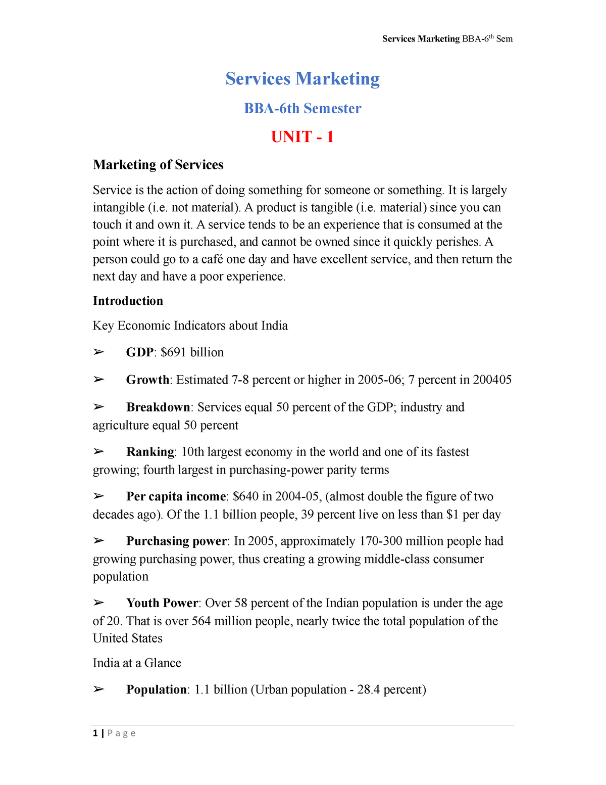 Services Marketing BBA-6th Sem UNIT 1 - Services Marketing BBA-6th ...