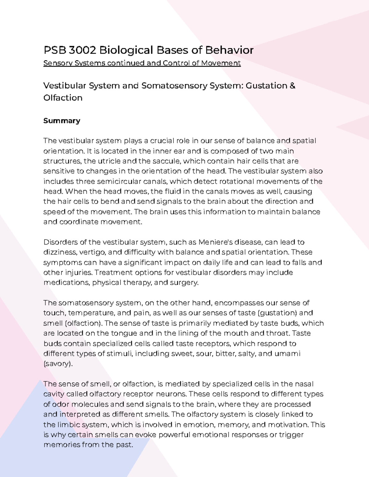 PSB3002 - 3 - Sensory Systems Continued And Control Of Movement - PSB ...