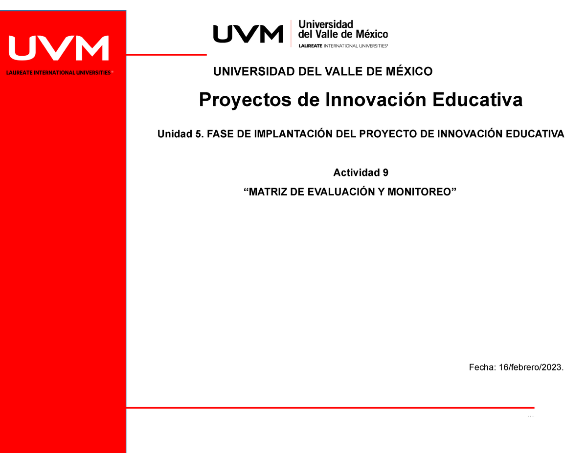 Actividad 9 Matriz De Evaluación Universidad Del Valle De MÉxico Proyectos De Innovación 7236