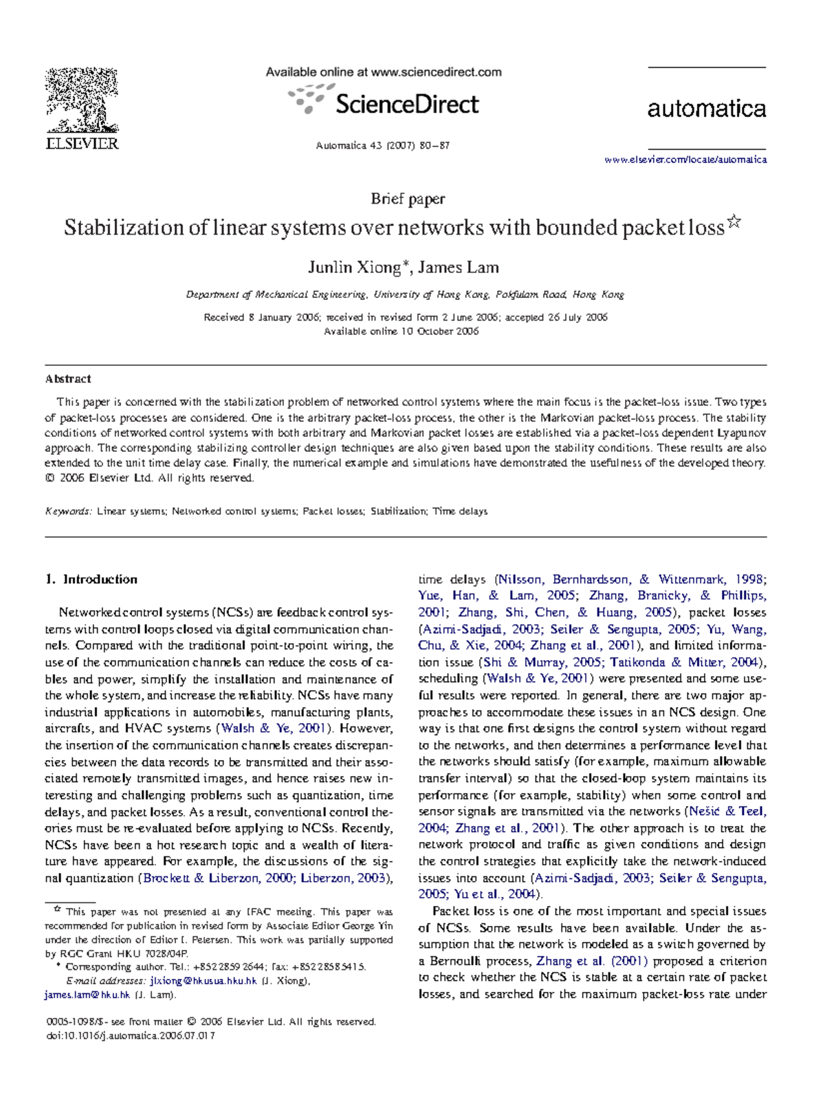 Xiong 2007 - xiaoung - Automatica 43 (2007) 80– elsevier/locate ...