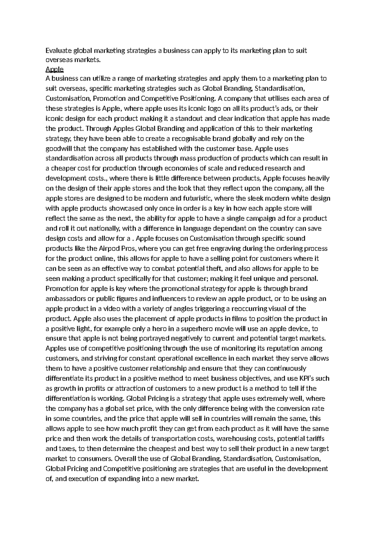 Business Studies Homework - Evaluate global marketing strategies a ...