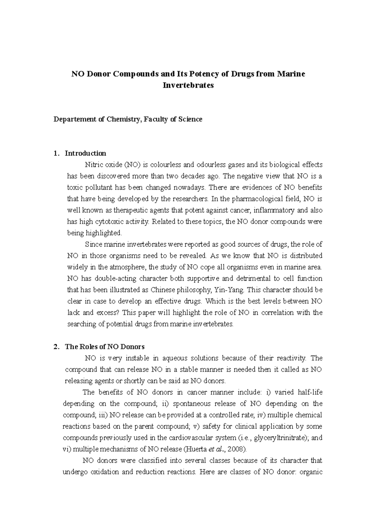 Nitric Oxide (NO) Donor Compounds and Its Potency of Drugs from Marine
