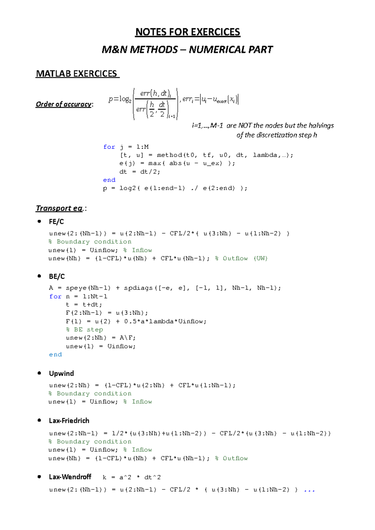 Notes for exercices - numerical part - NOTES FOR EXERCICES M&N METHODS ...