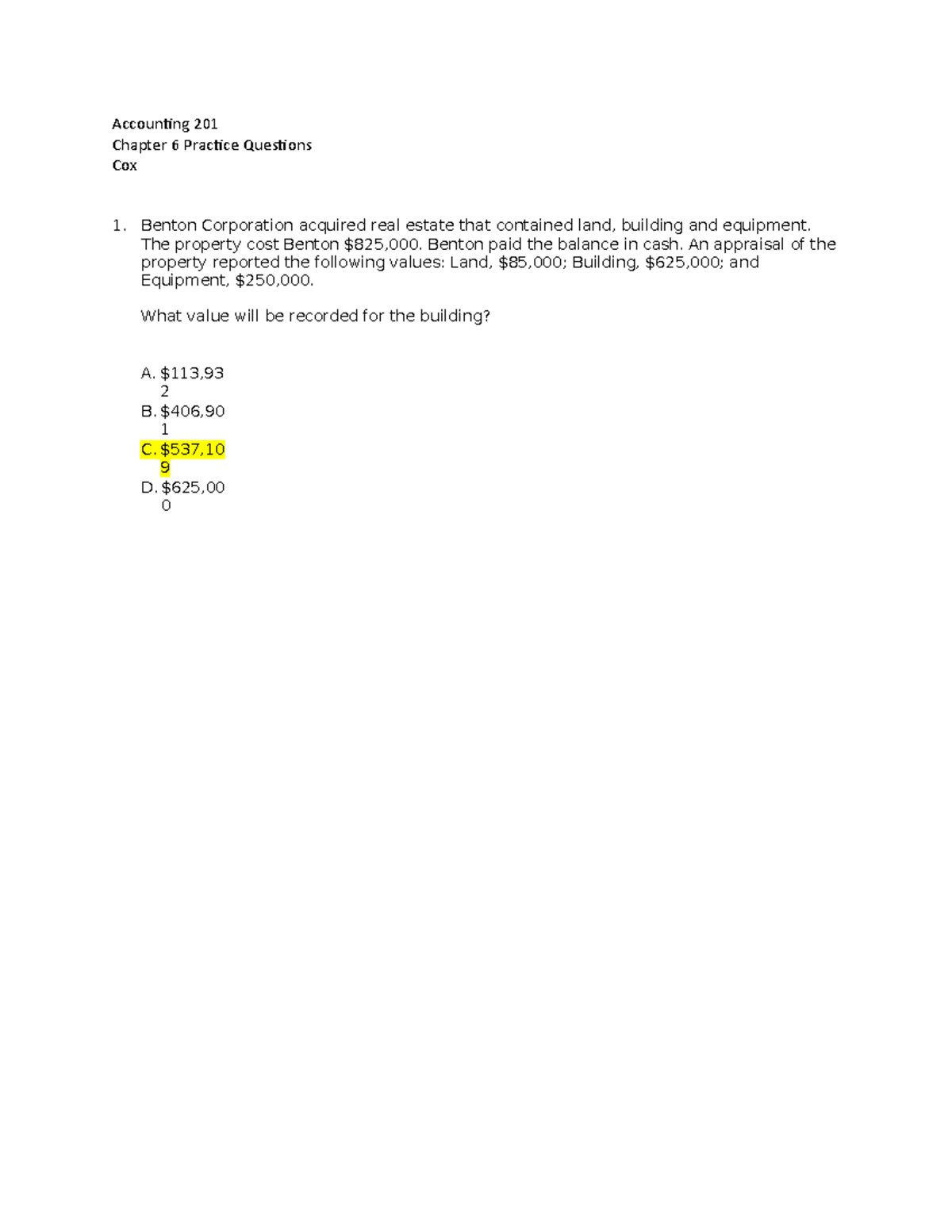 Chapter 6 Practice Problems - Accounting 201 Chapter 6 Practice ...