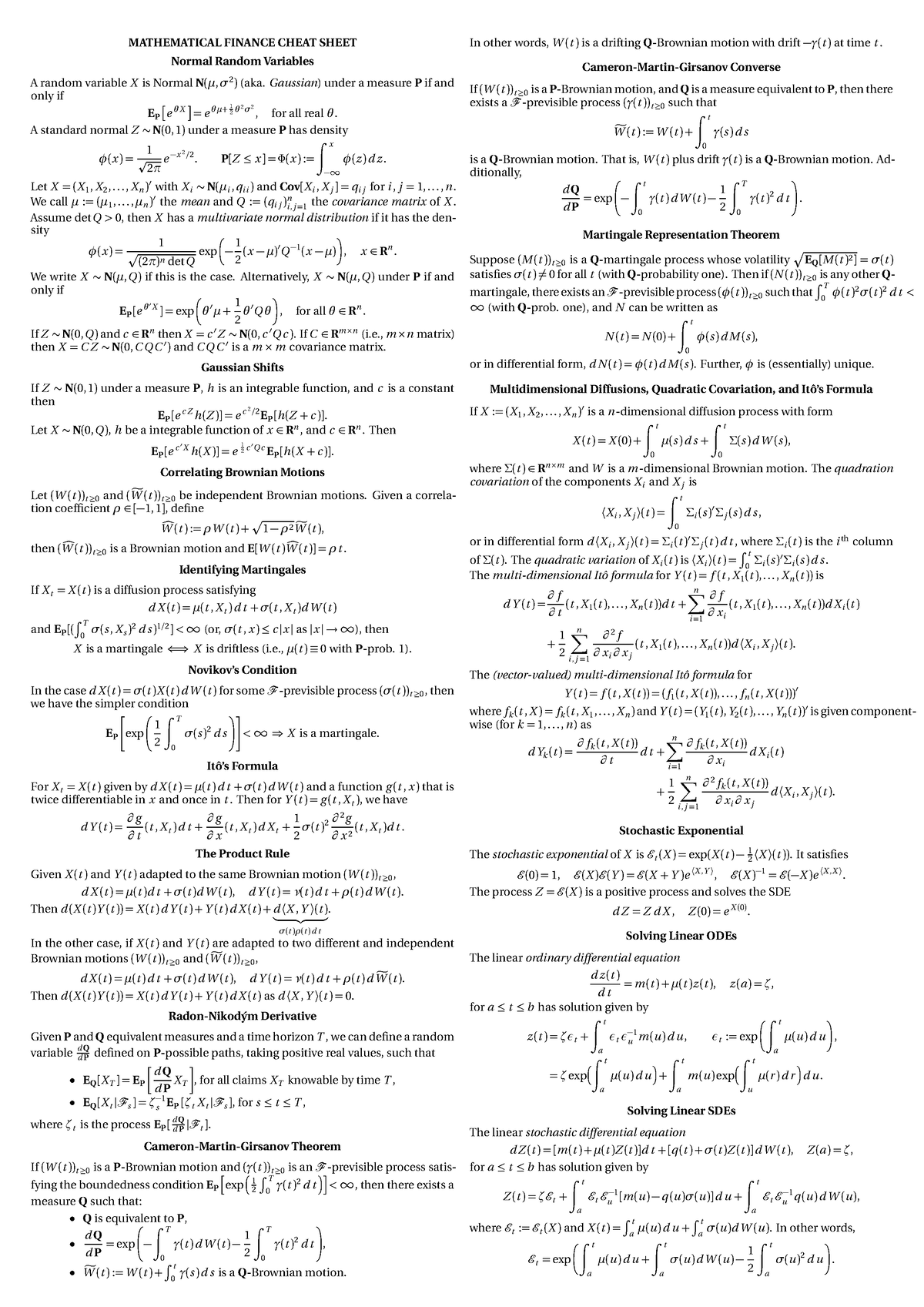 Math finance cheat sheet - MATHEMATICAL FINANCE CHEAT SHEET Normal ...