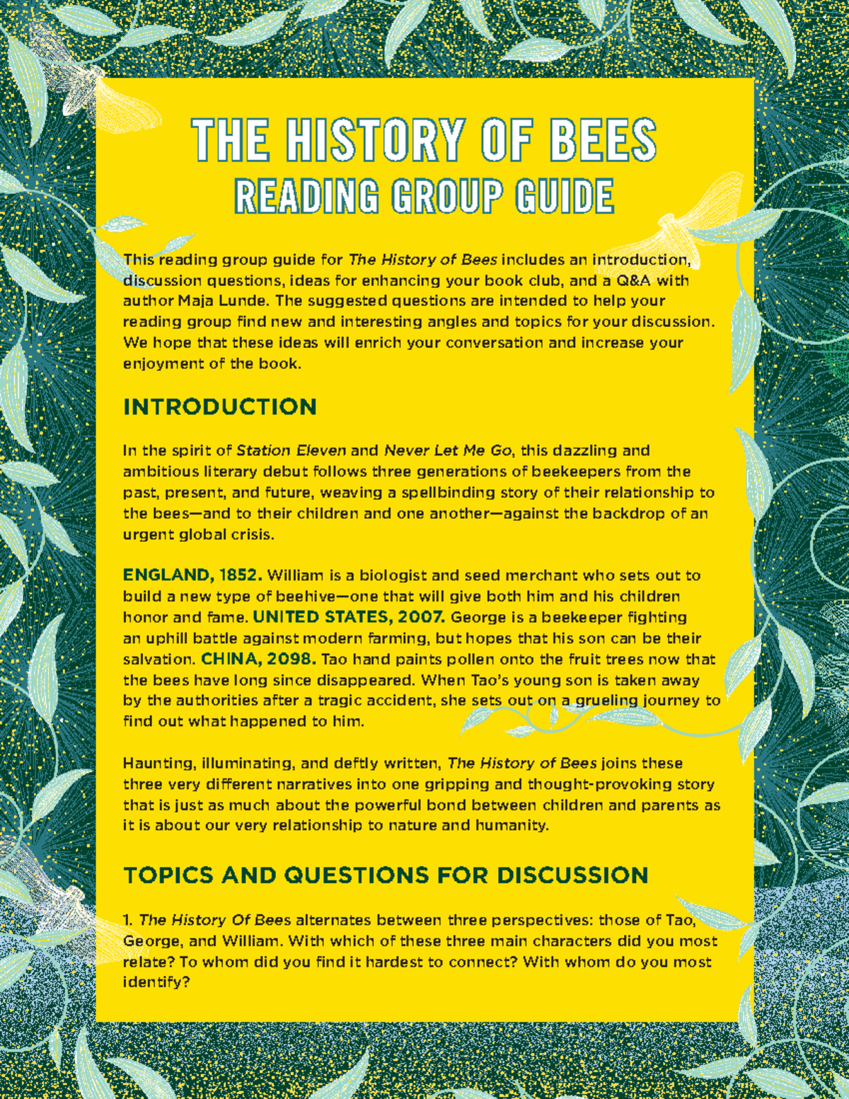 Historyof Bees RGG - Notes - This reading group guide forThe History of ...