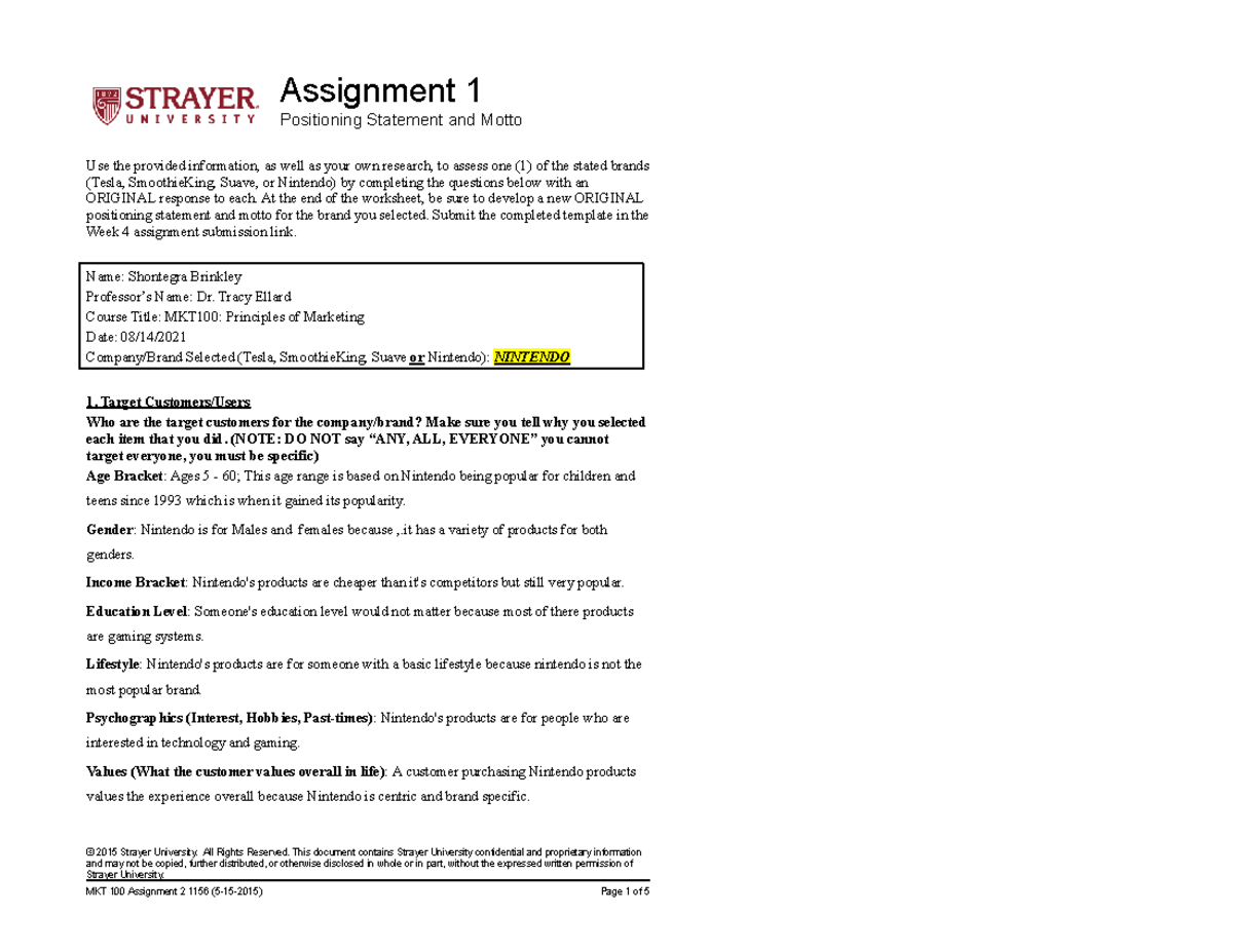 assignment positioning statement and motto