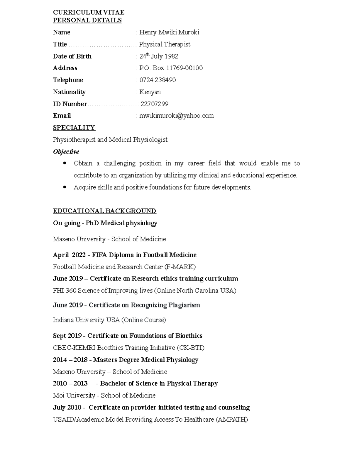 Curriculum Vitae 2022 2 - CURRICULUM VITAE PERSONAL DETAILS Name ...