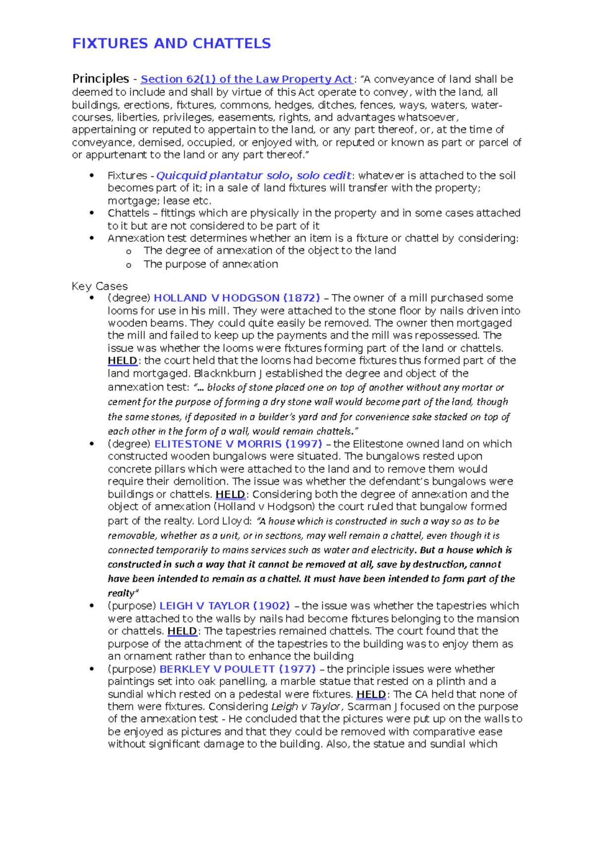 Fixtures and chattels FIXTURES AND CHATTELS Principles Section 62(1