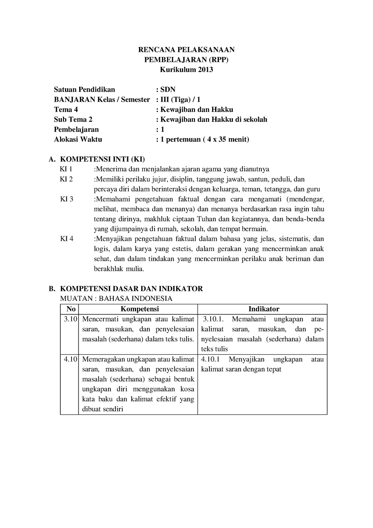 Rpp Kelas 3 Tema 4 Subtema 2 Pembelajaran 1 Rencana Pelaksanaan