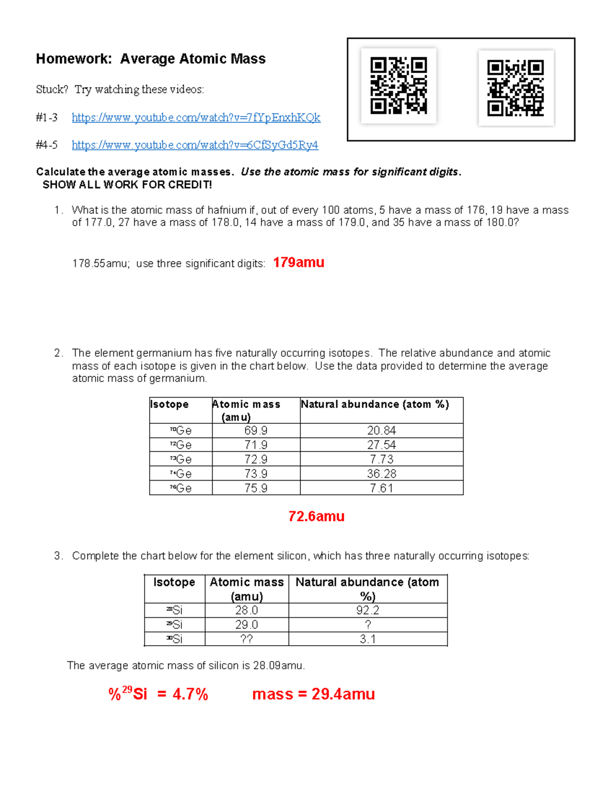 Averageatomicmasshomeworkkey Homework Average Atomic Mass Stuck? Try