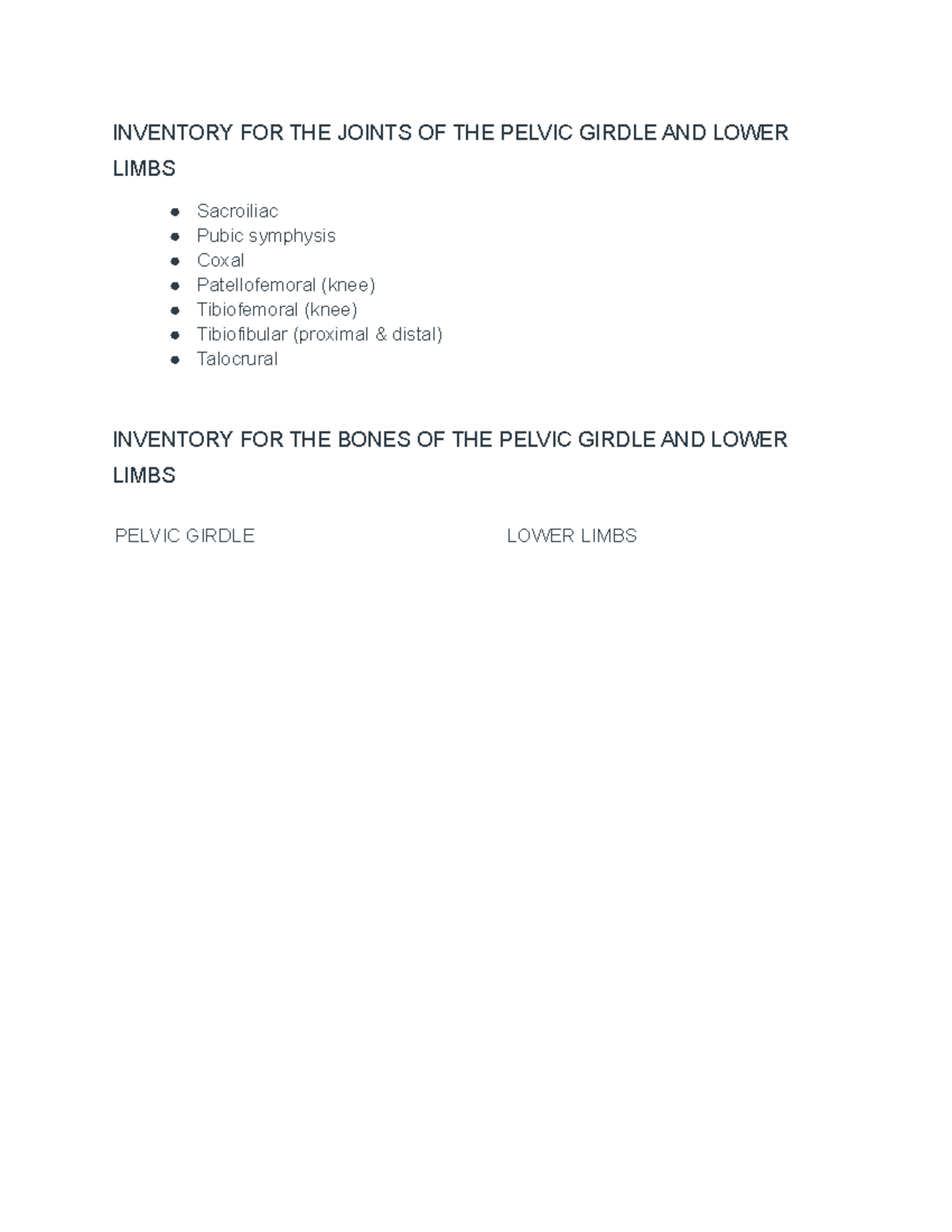 Biology Lab 2 - All about bones - INVENTORY FOR THE JOINTS OF THE ...