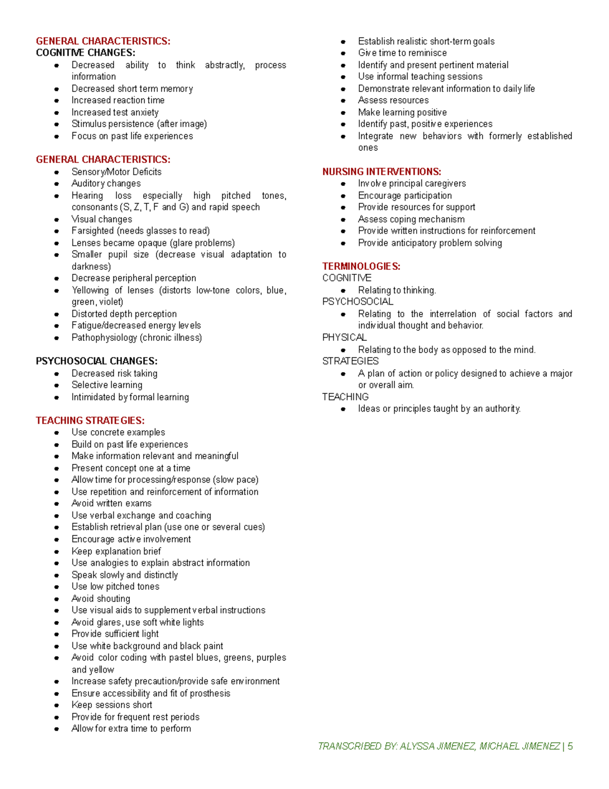 Nursing Interventions - GENERAL CHARACTERISTICS: COGNITIVE CHANGES ...