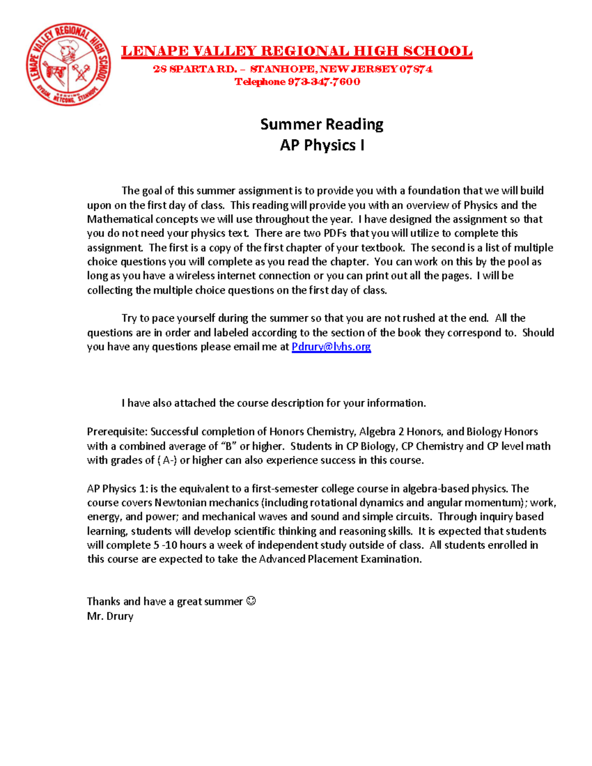 AP Physics Summer Assignment LENAPE VALLEY REGIONAL HIGH SCHOOL 28 