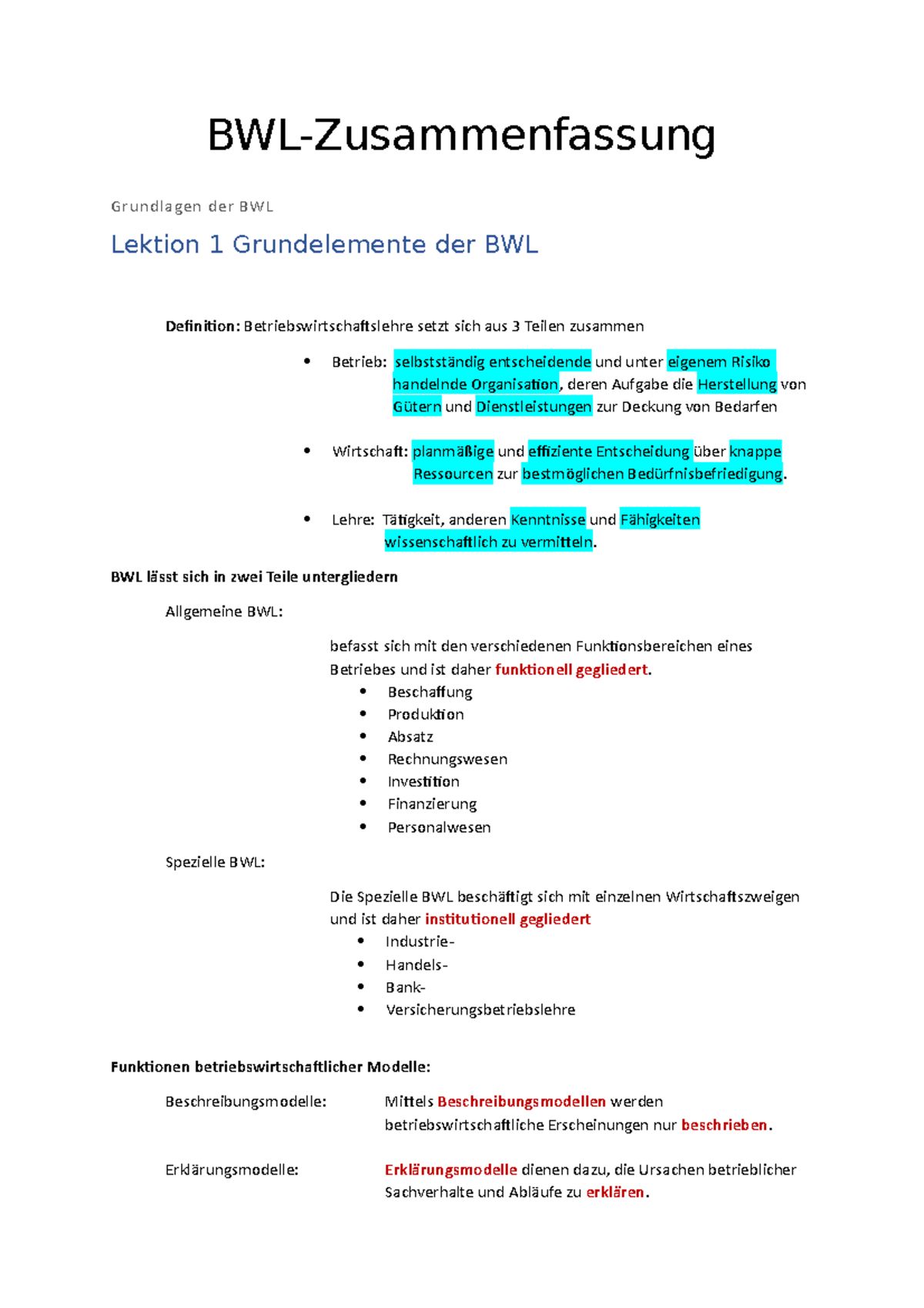 Zusammenfassung BWL01 - BWL-Zusammenfassung Grundlagen Der BWL Lektion ...