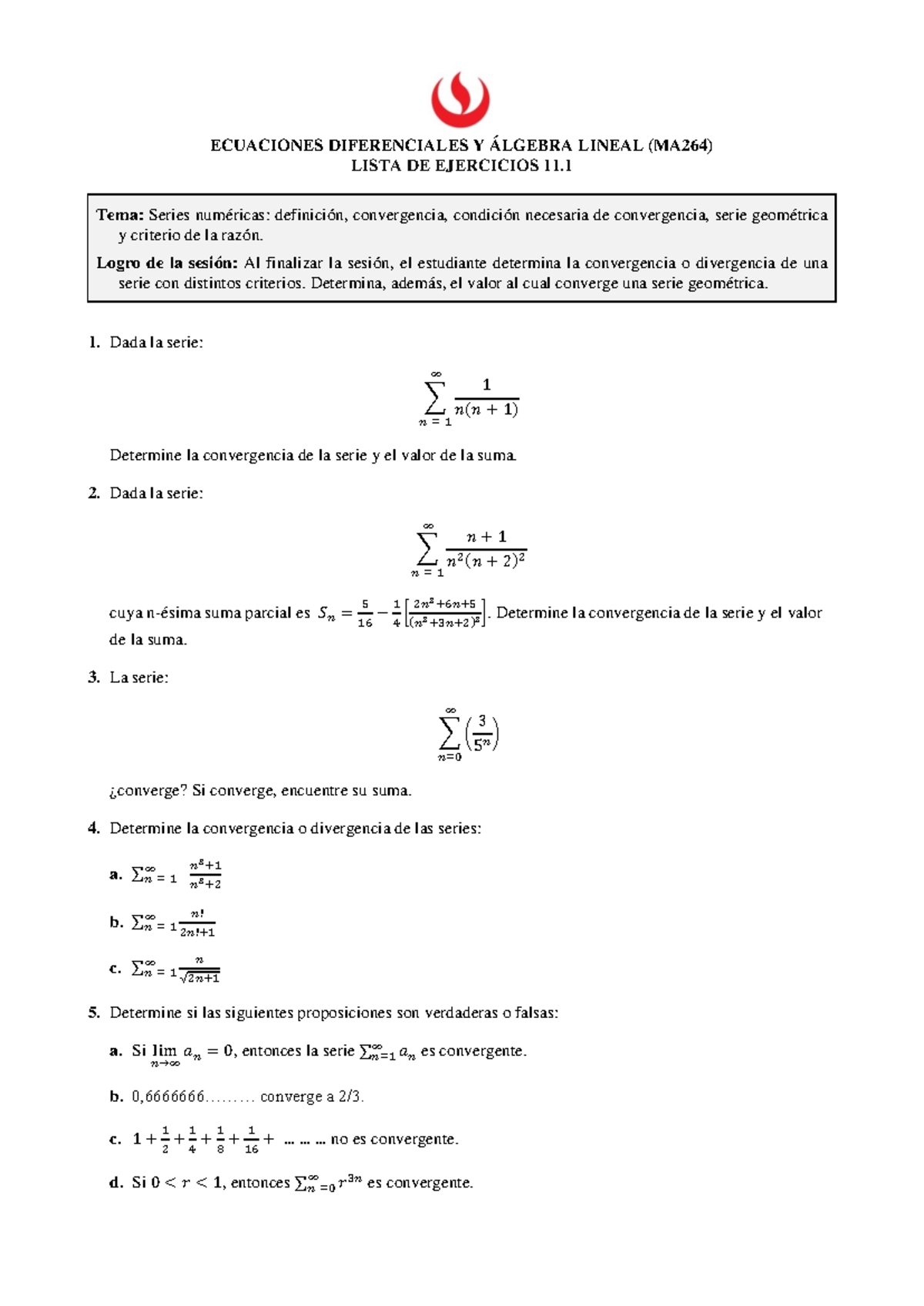 MA264 Sesión 11.1 Lista De Ejercicios - ECUACIONES DIFERENCIALES Y ...