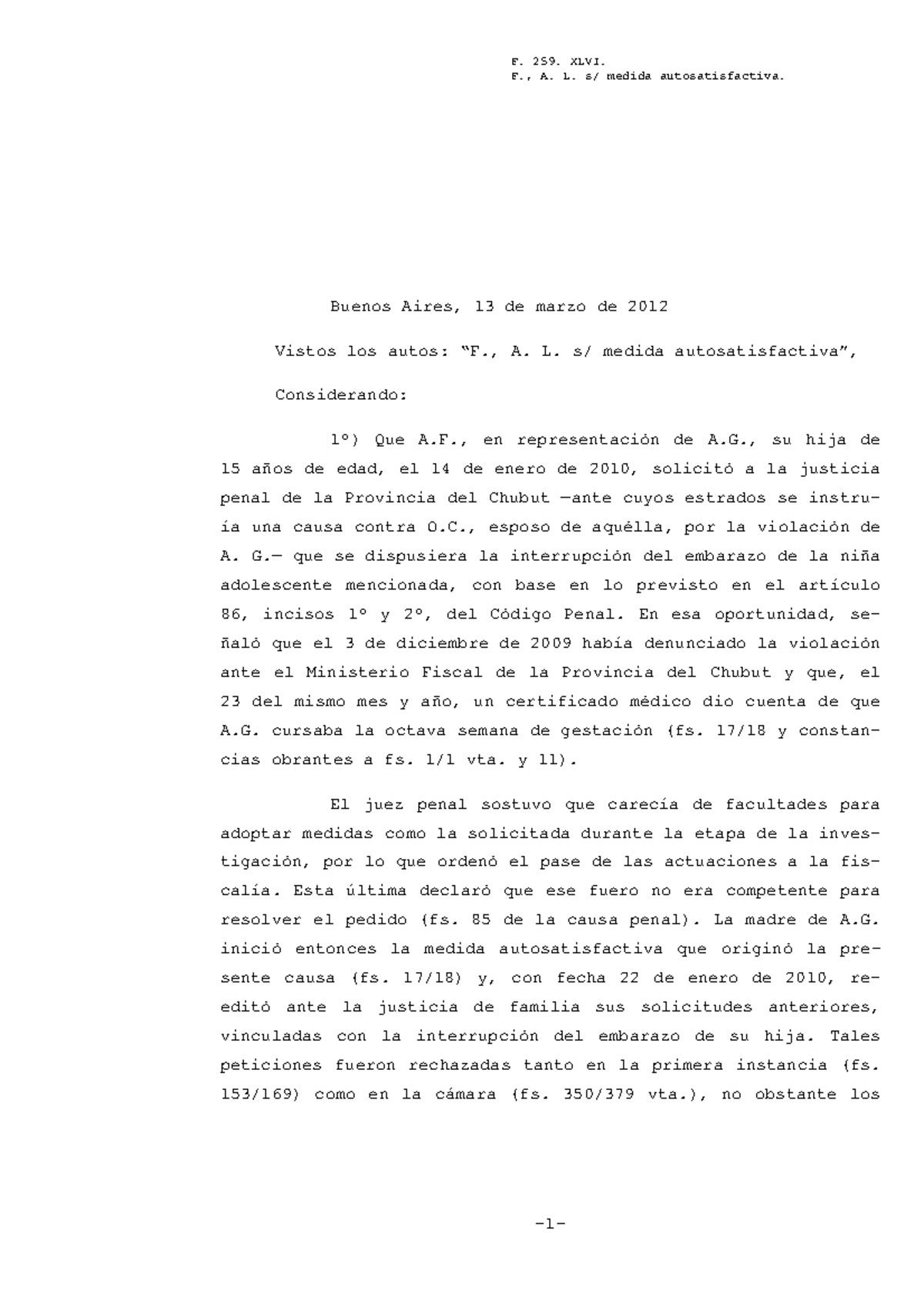FAL - F. 259. XLVI., A. L. s/ medida autosatisfactiva. Buenos Aires, 13 ...