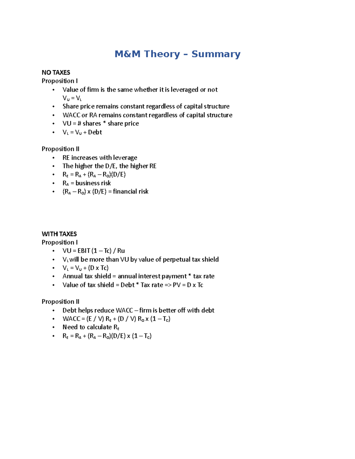 M&M Theory Summary MM Proposed 1 and 2 M&M Theory Summary NO
