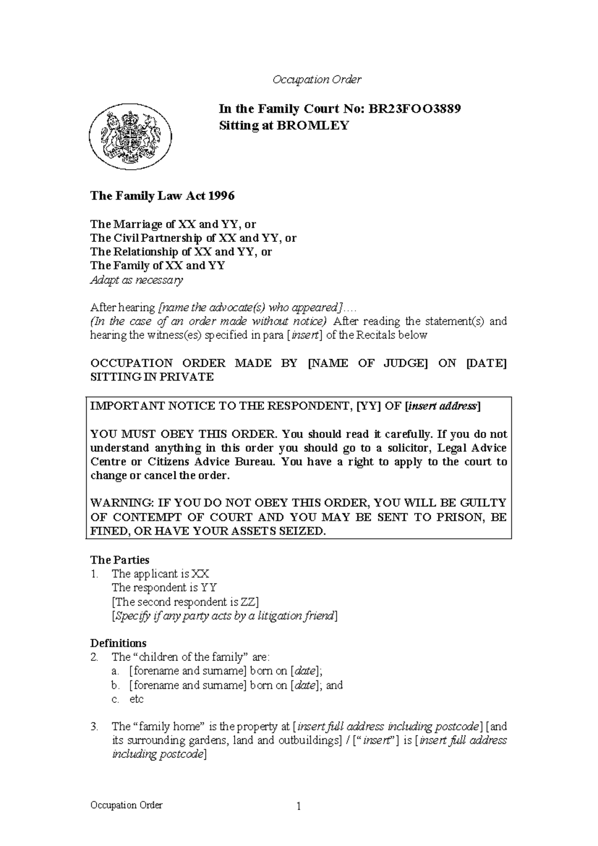 5-Occupation-order - Occupation Order In the Family Court No: BR23FOO ...