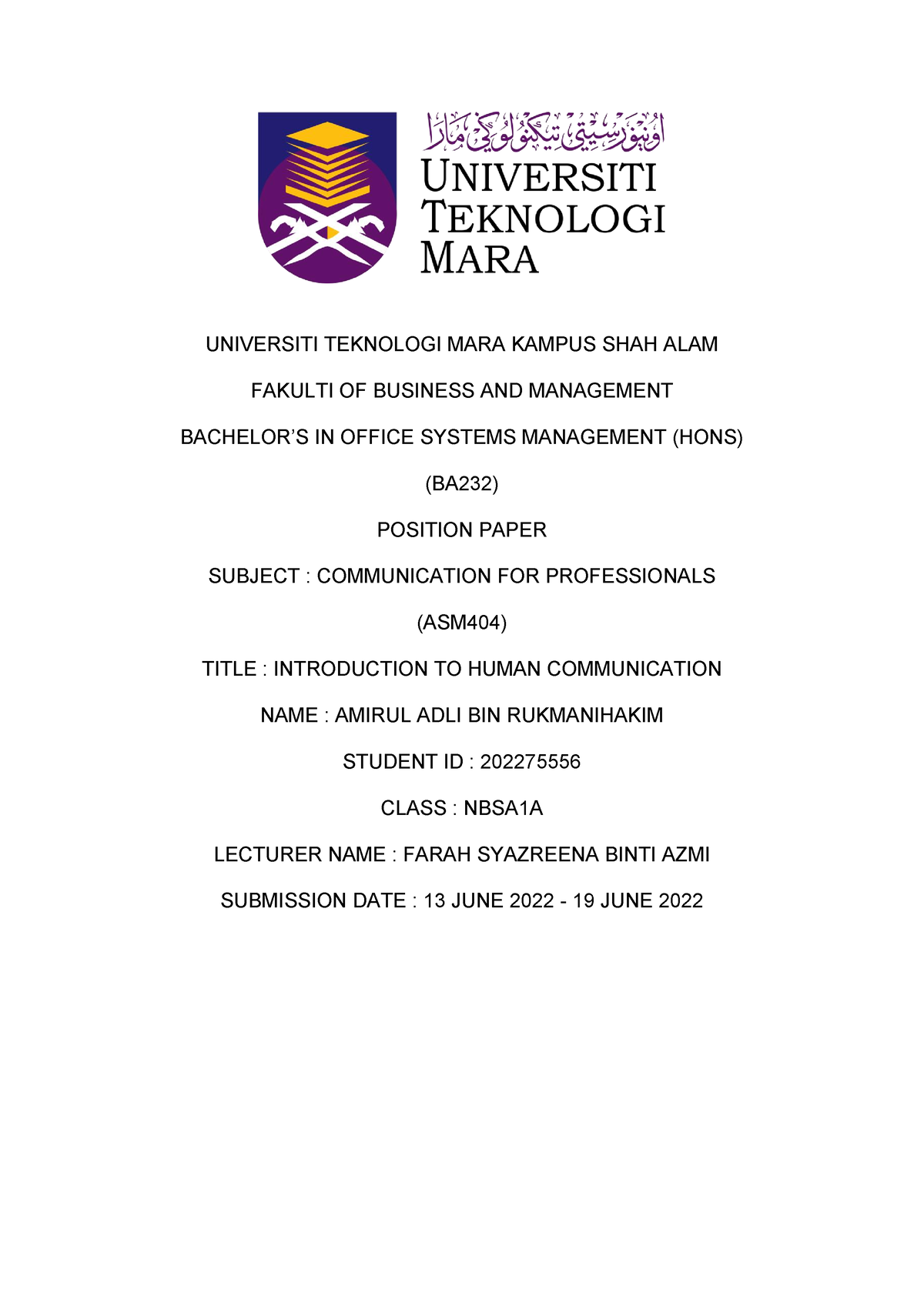 Amirul Adli Bin Rukmanihakim ASM404 - NBSA1A April 2022 - UNIVERSITI ...