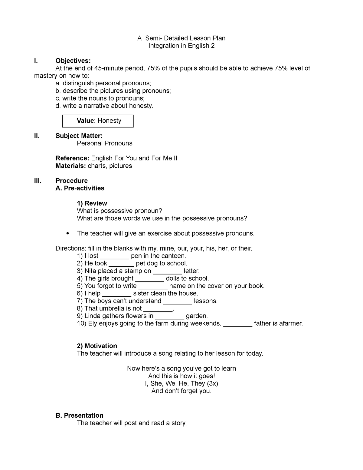 Pronouns LP - Sample Lesson Plan - A Semi- Detailed Lesson Plan ...