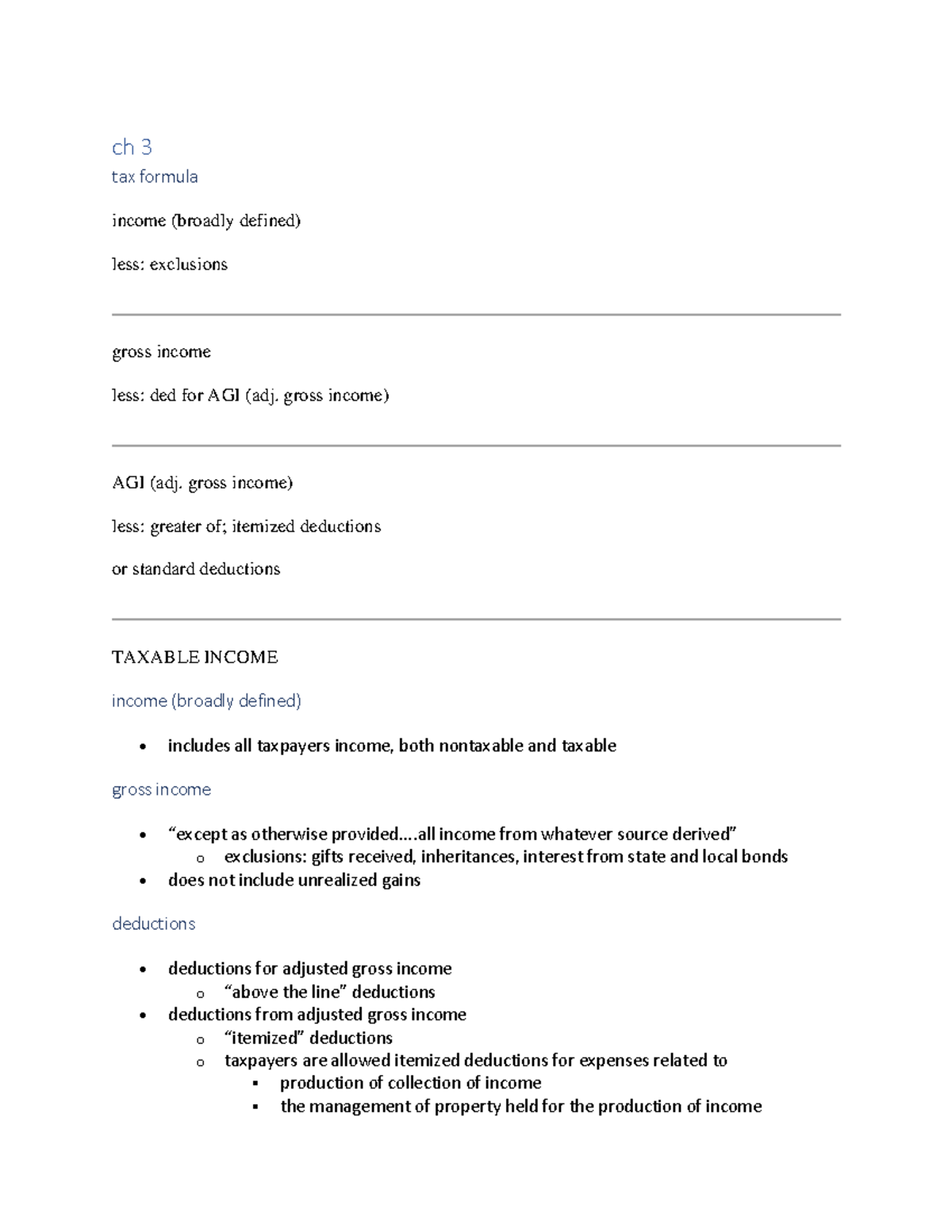 Individual Taxation Exam 1 Notes Ch 3 Tax Formula Income broadly