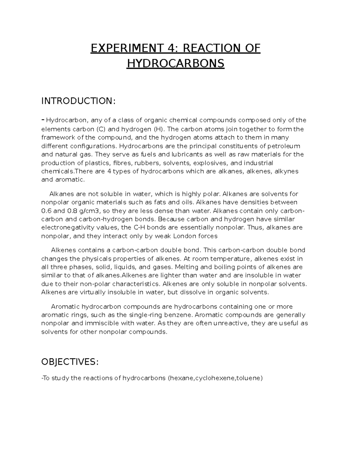 hydrocarbons experiment