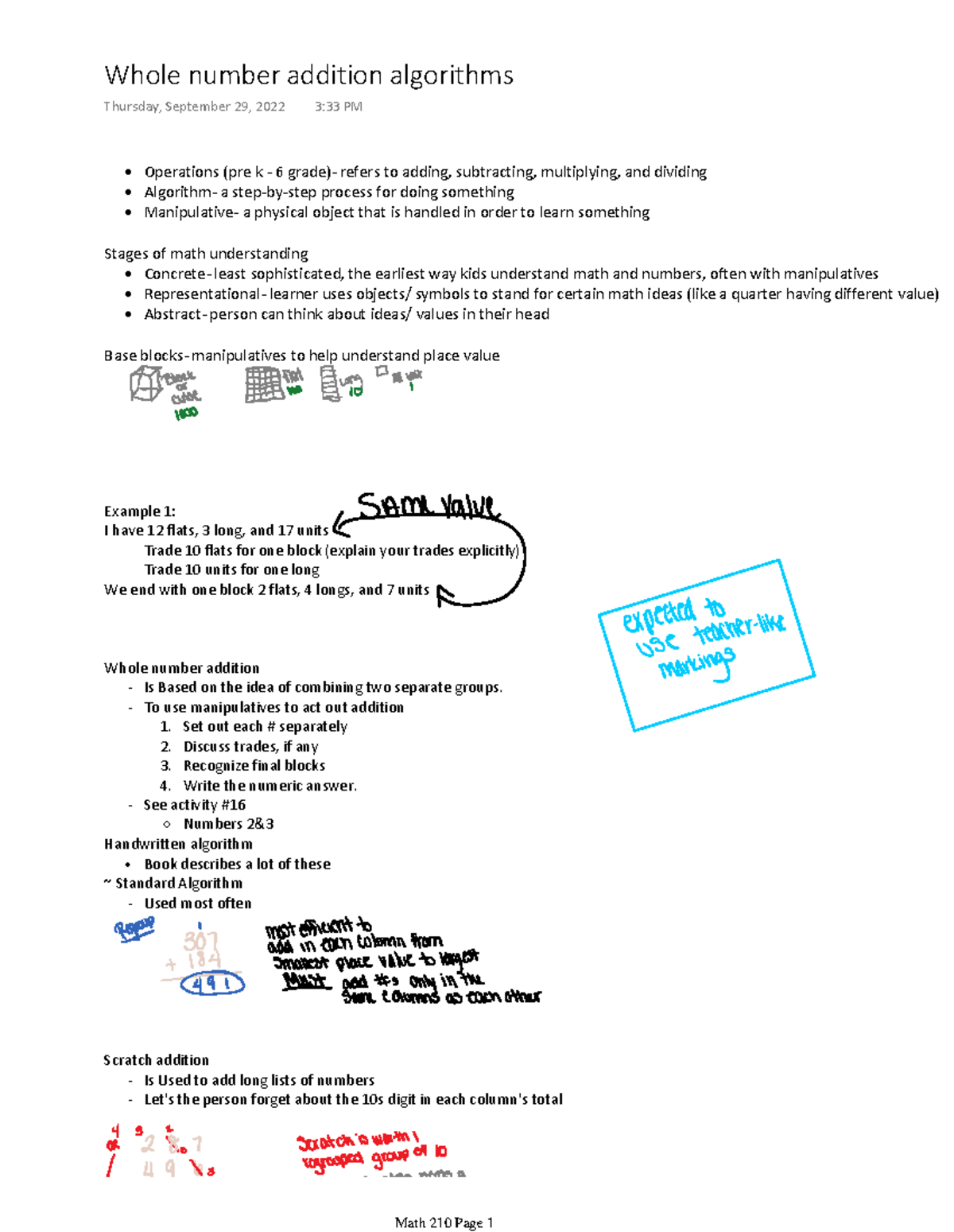 Whole number addition algorithms - • Operations (pre k - 6 grade ...