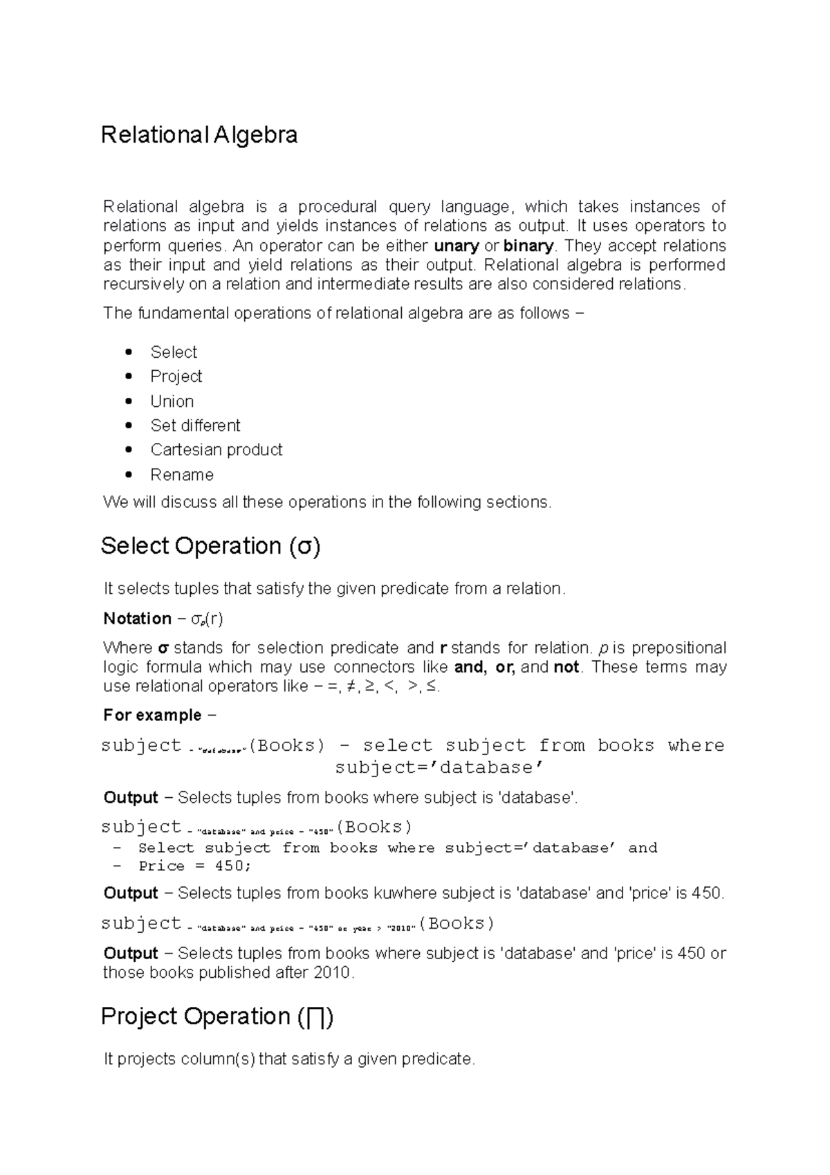 Relational Algebra - lecture note - Relational Algebra Relational ...