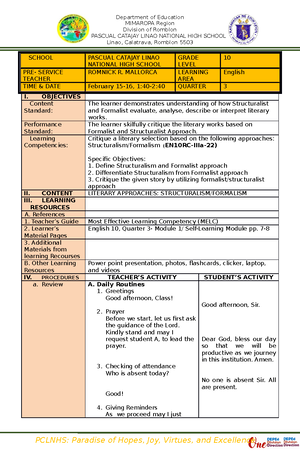 Detailed lesson plan in health - Objectives At the end of the lesson ...