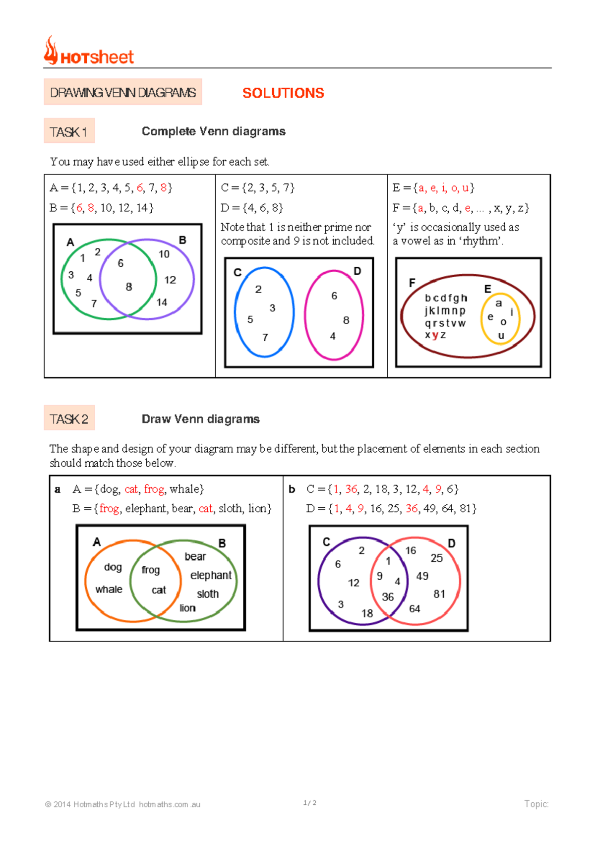 Drawing Venn diagrams solutions - © 2014 Hotmaths Pty Ltd hotmaths.com