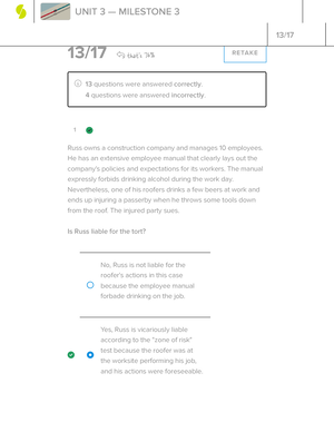 Business Law Unit 1 Milestone 2 - 1 19 / 21 That's 90% RETAKE 19 ...