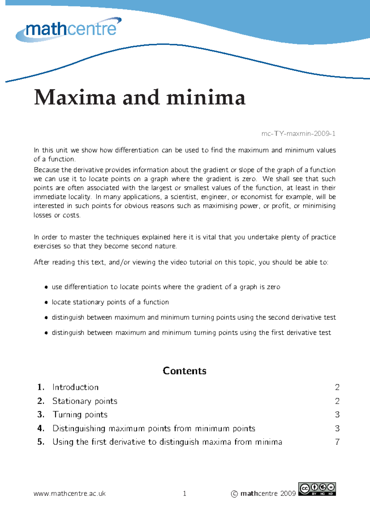 Differentiation - Maxima And Minima - Help Sheet - Maxima And Minima Mc ...