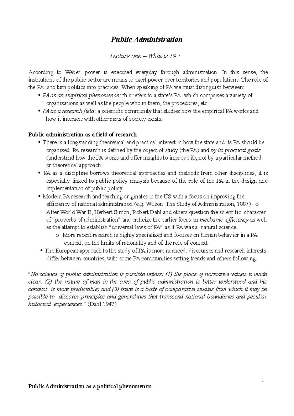 Public Administration notes Public Administration Lecture one What