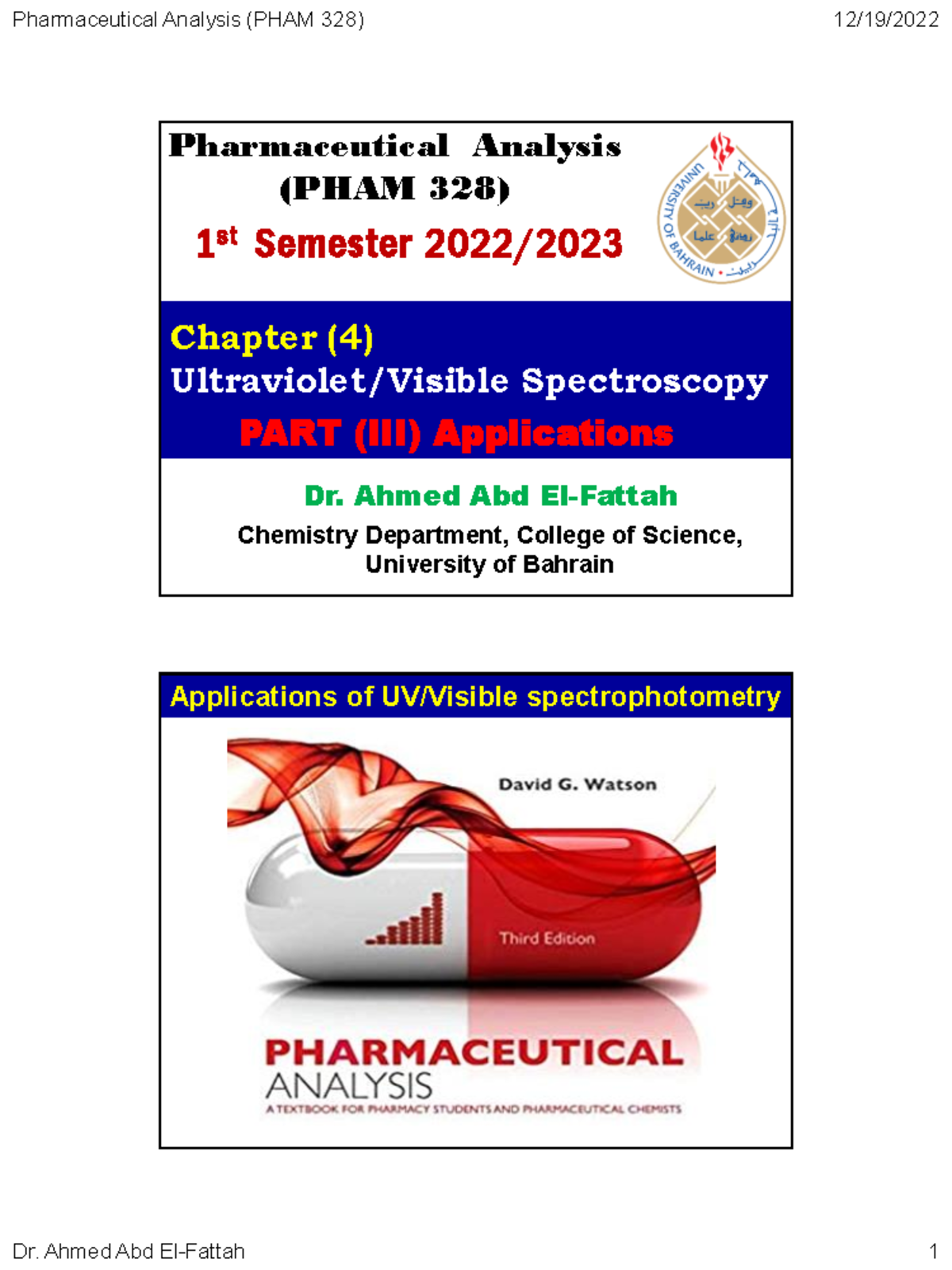 PHAM328 Chapter (4) PART III UV Visible (1)-1 - ####### Pharmaceutical ...
