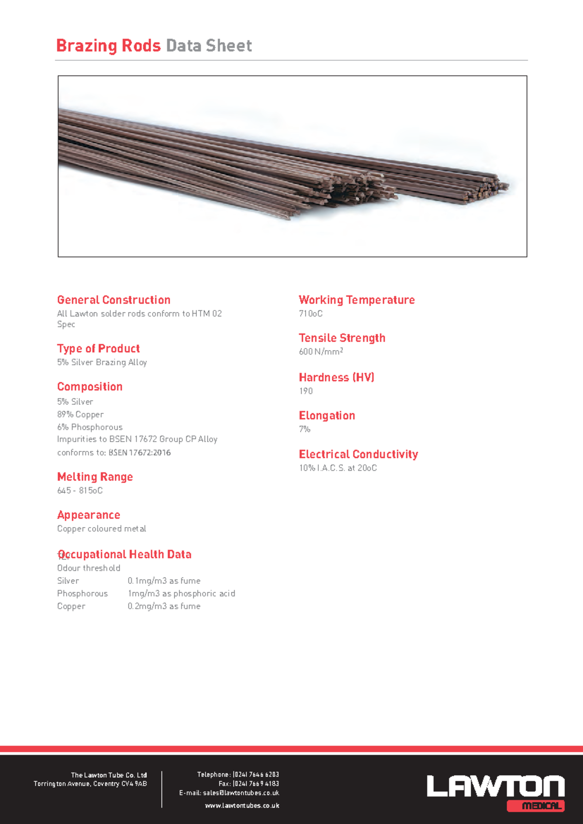 Medical Brazing Rod Data Sheet - General Construction All Lawton solder ...