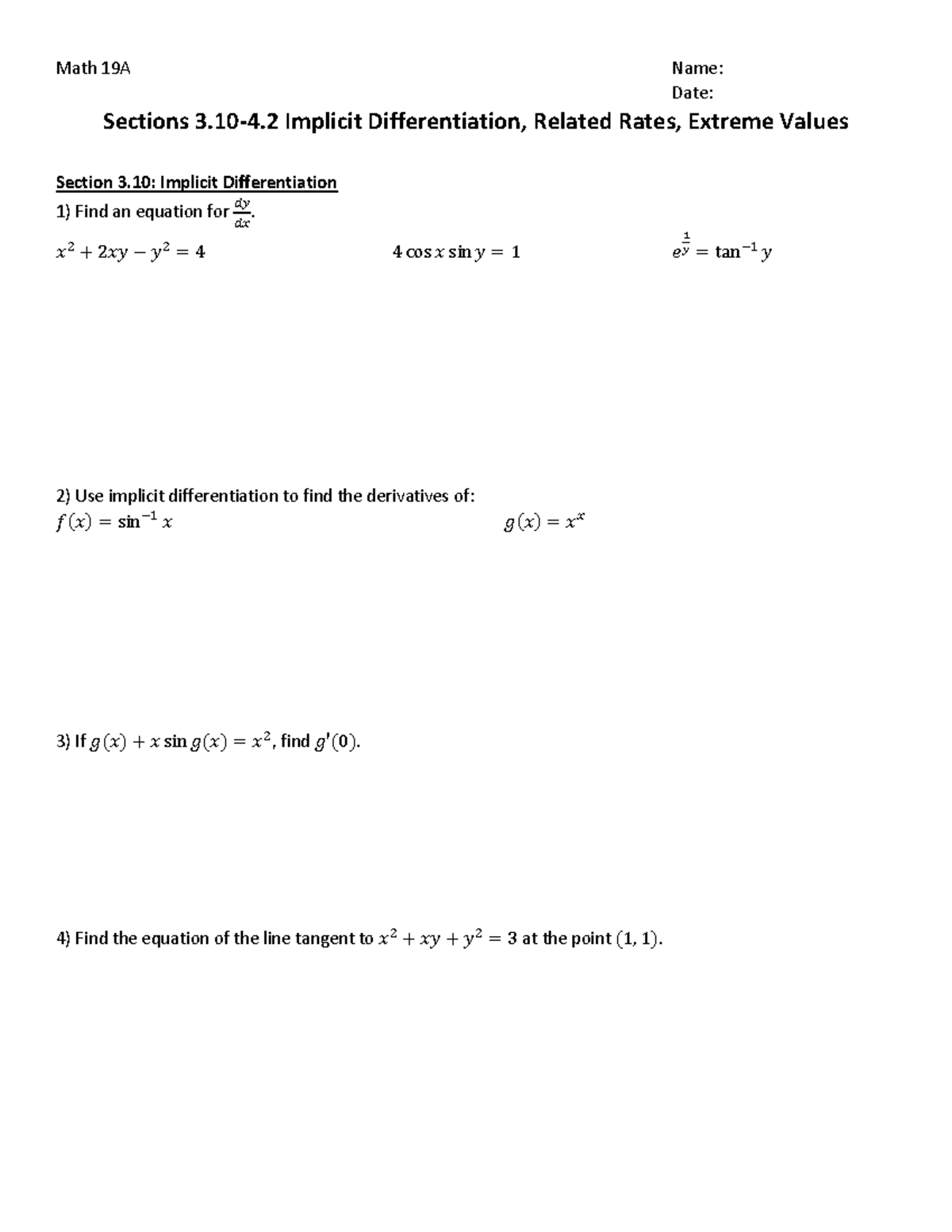 Worksheet Week 7 3 10 4 2 Math 19a Name Date Sections Implicit Differentiation Related Rates Studocu