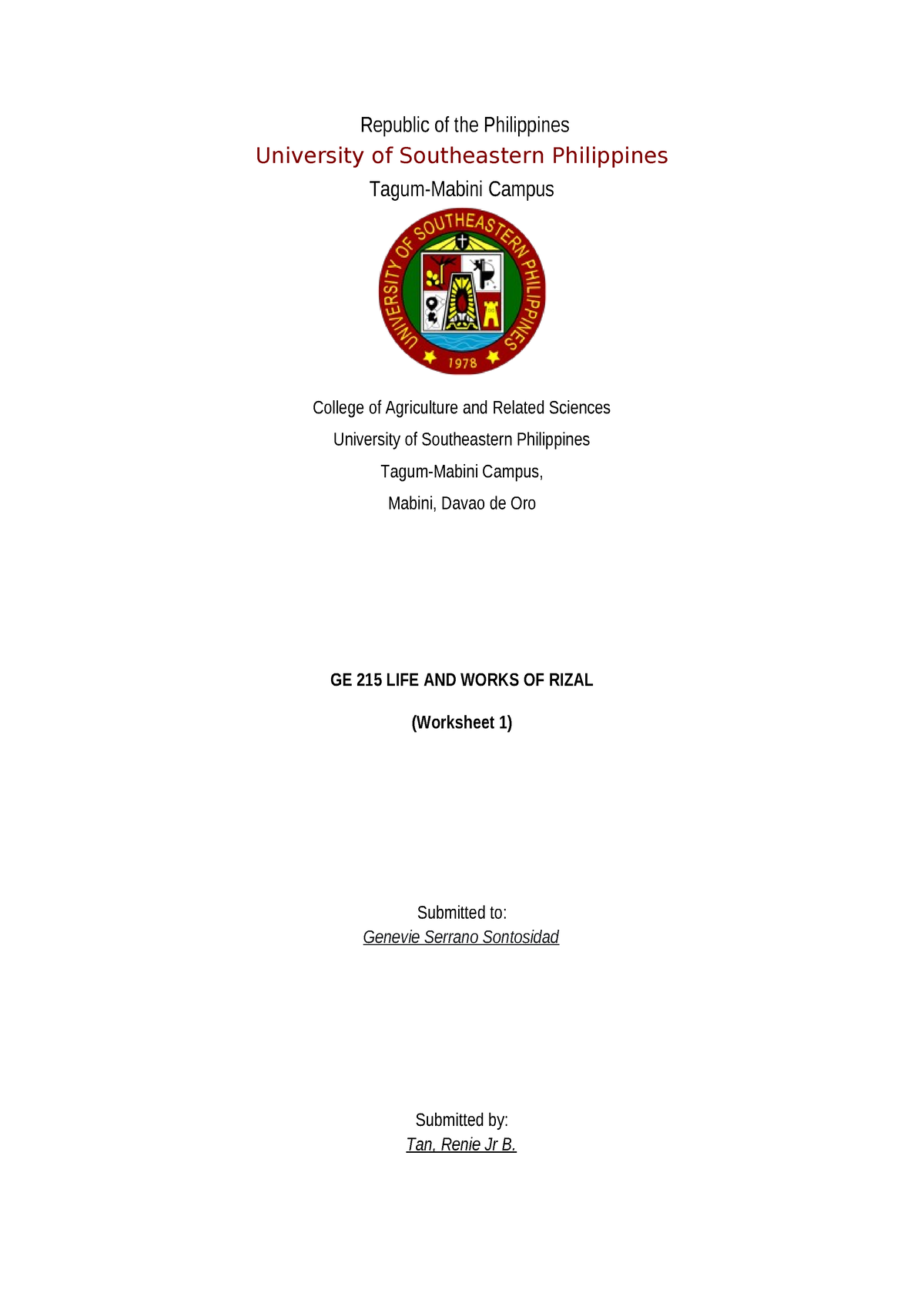 GE215 worksheet - thanks - Republic of the Philippines University of ...