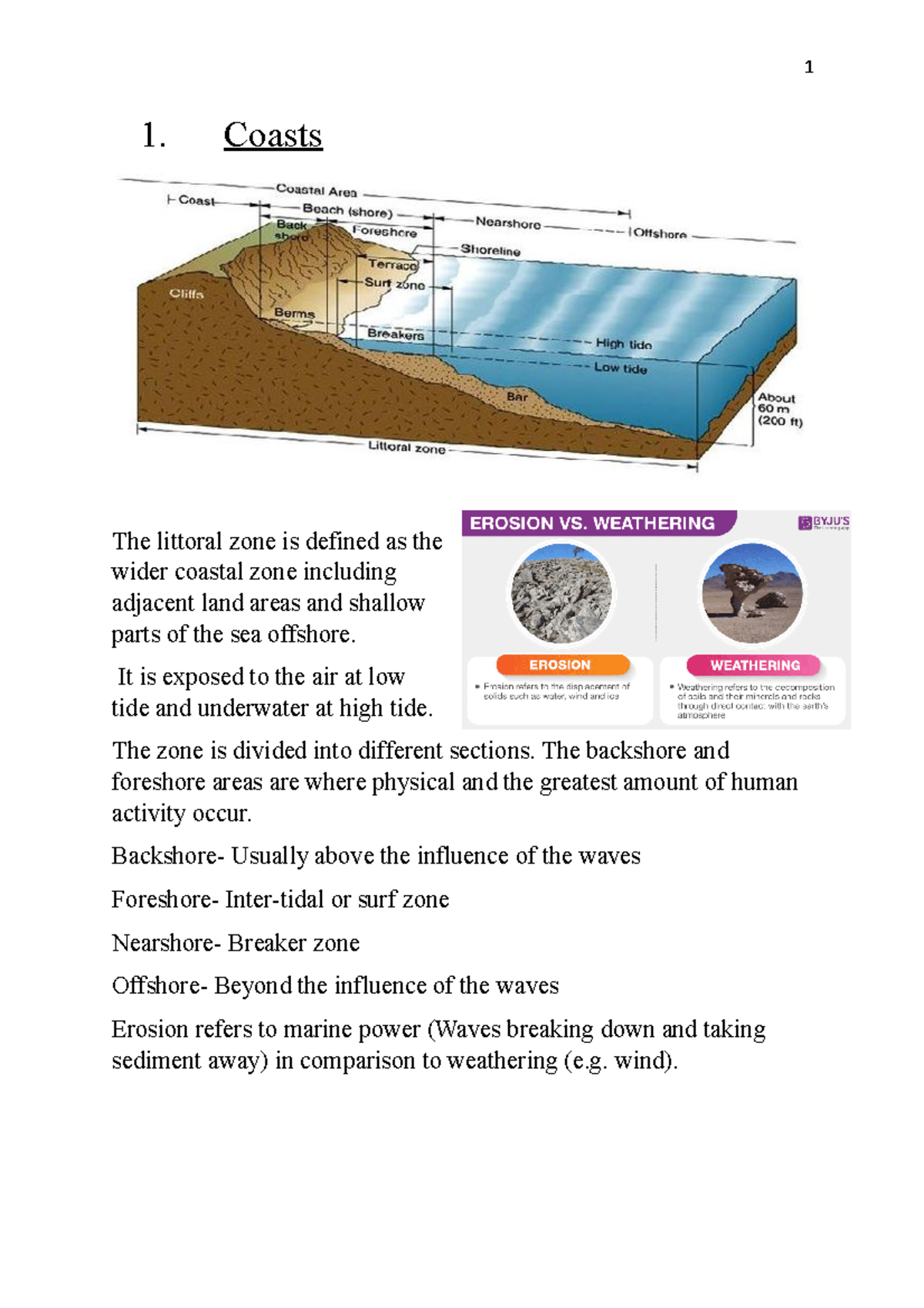 Coasts notes- 1-10 - 1. Coasts The littoral zone is defined as the ...