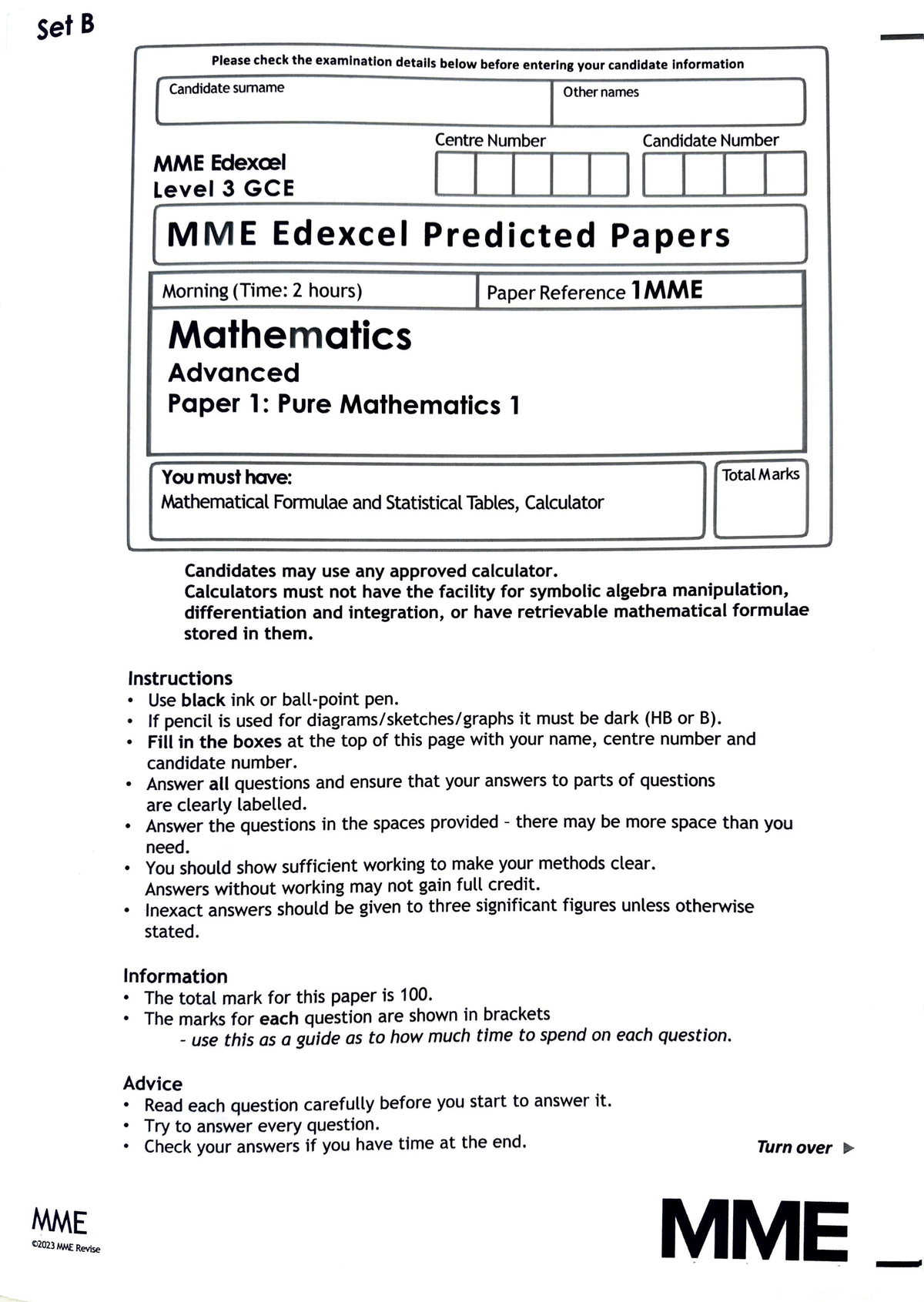 Set B - Paper 1 - MATHS - Set B MME 2023 /;Hf. Revise Please Check The ...