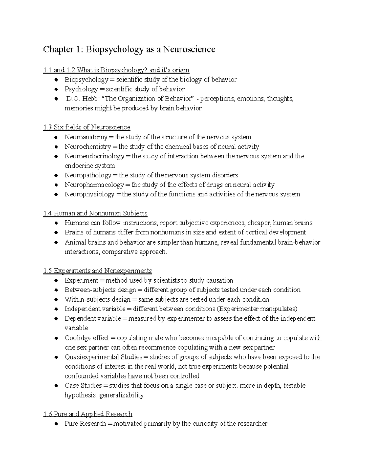 NSC1306 Exam 1 - Lecture Notes 1-3 - Chapter 1: Biopsychology As A ...