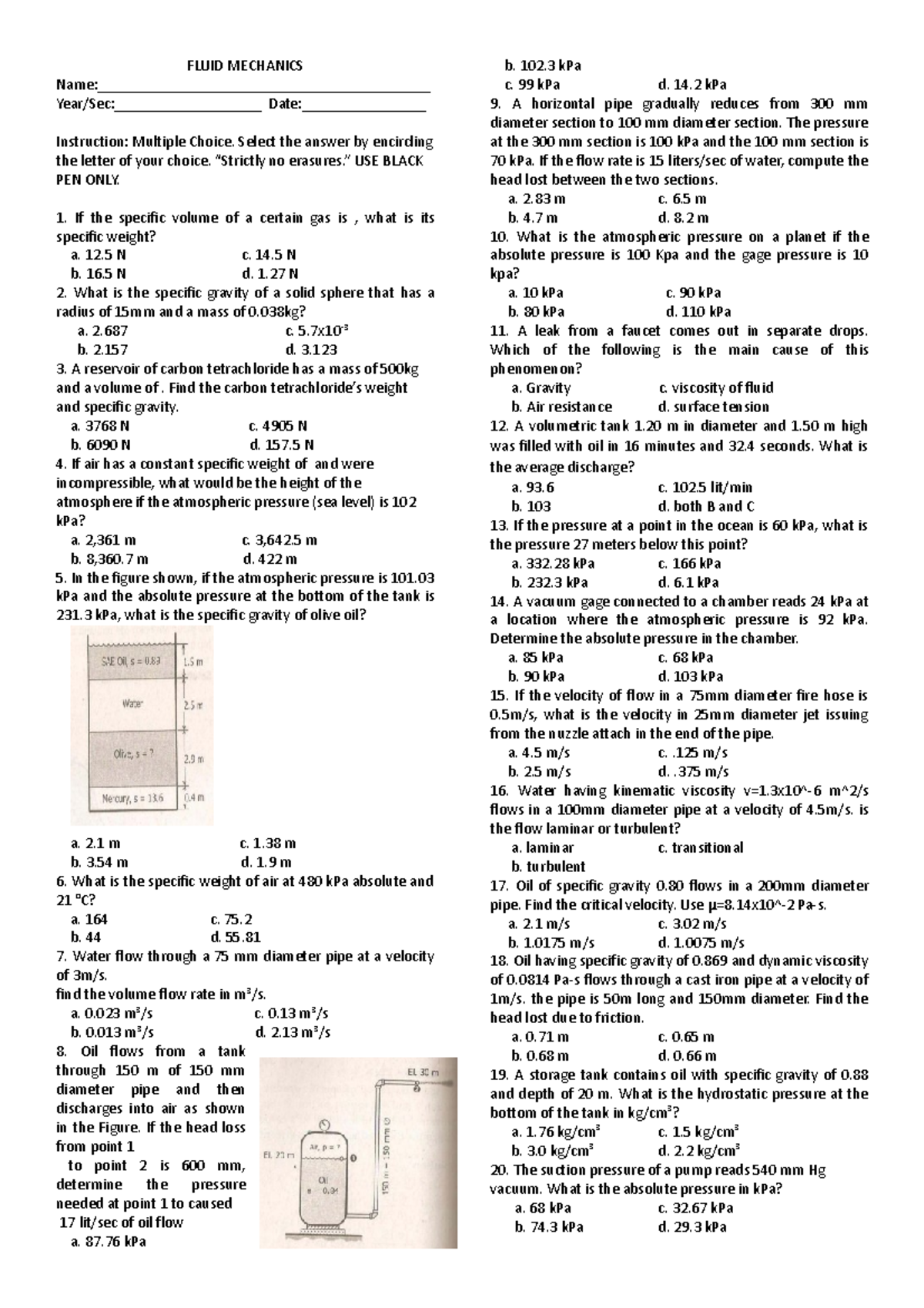Battery EXAM 1 1 FLUID MECHANICS Name