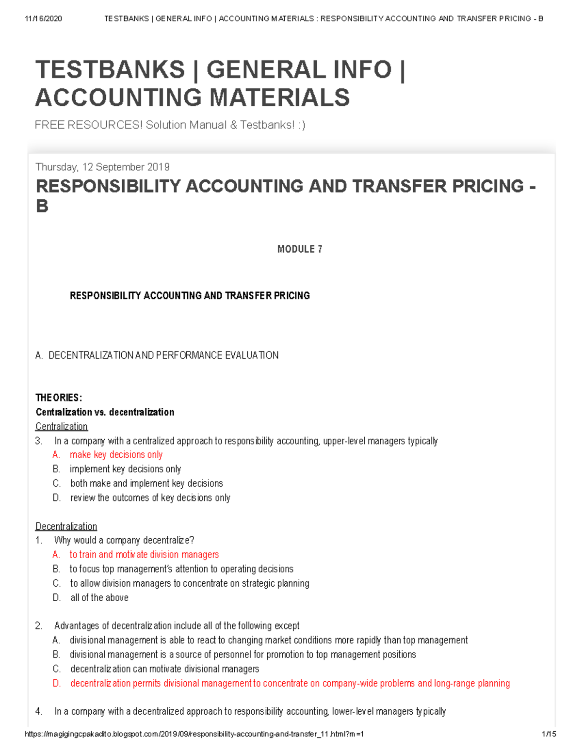 Testbanks General INFO Accounting Materials Responsibility Accounting ...