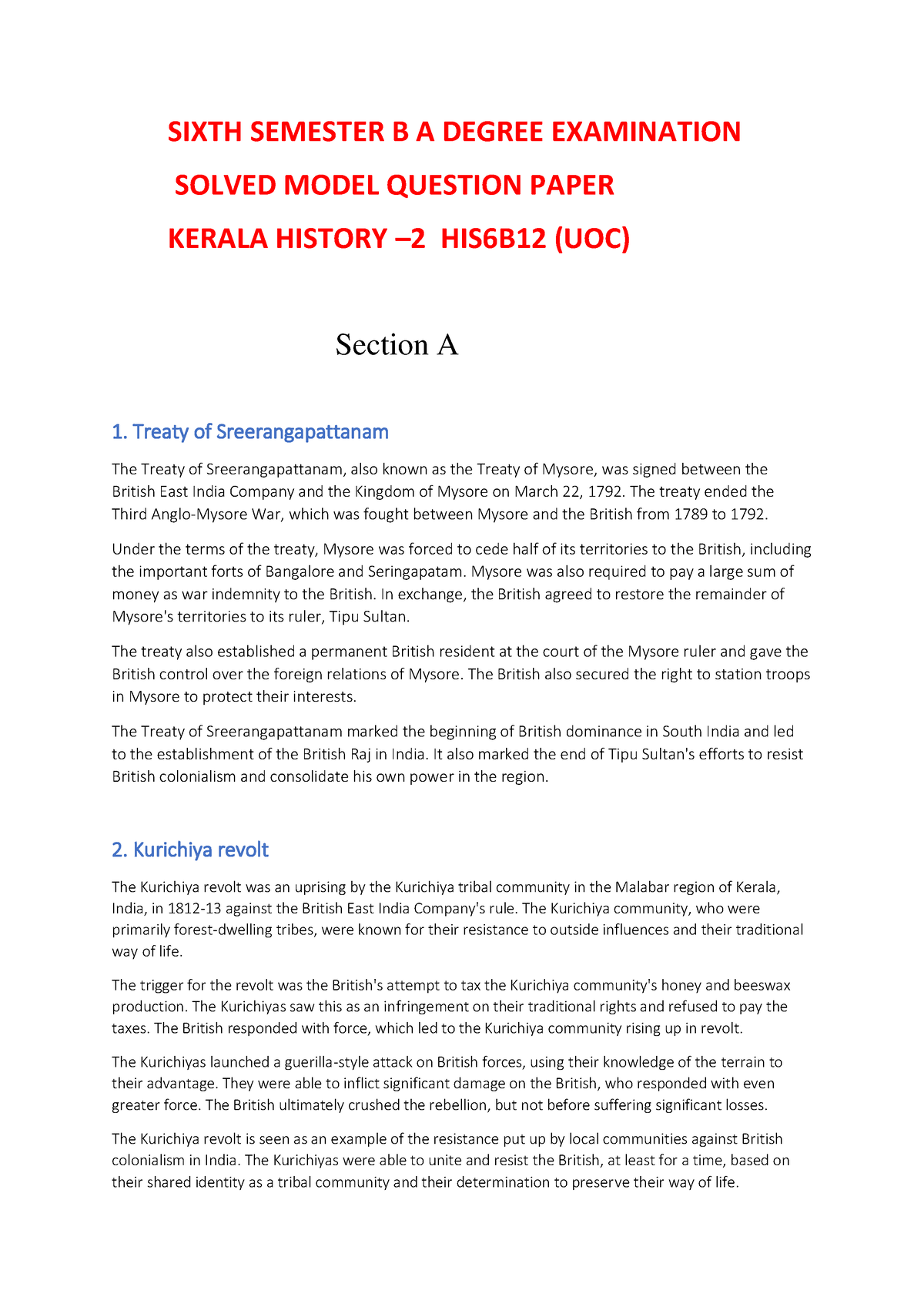 Solved QP1 Kerala History - SIXTH SEMESTER B A DEGREE EXAMINATION ...